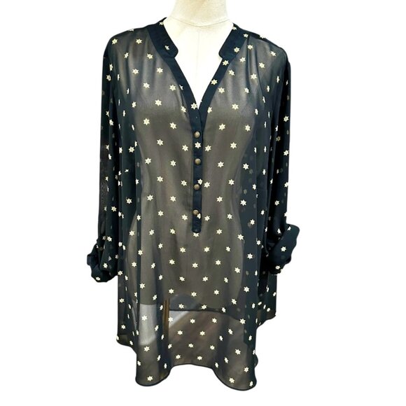 ANA Sheer Top Blouse Size 2X Black with Gold Stars Celestial Holiday Whimsigoth - Picture 1 of 9